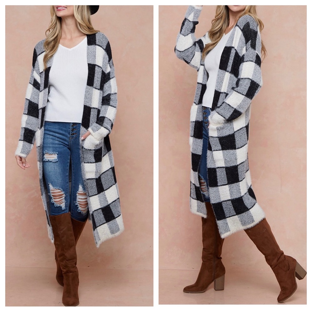 Fabulous Buffalo Check Print Sweater Cardigan With Front Pocket